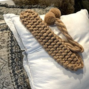 Anthropologie | knitted head scarf with rhinestones and furry poms